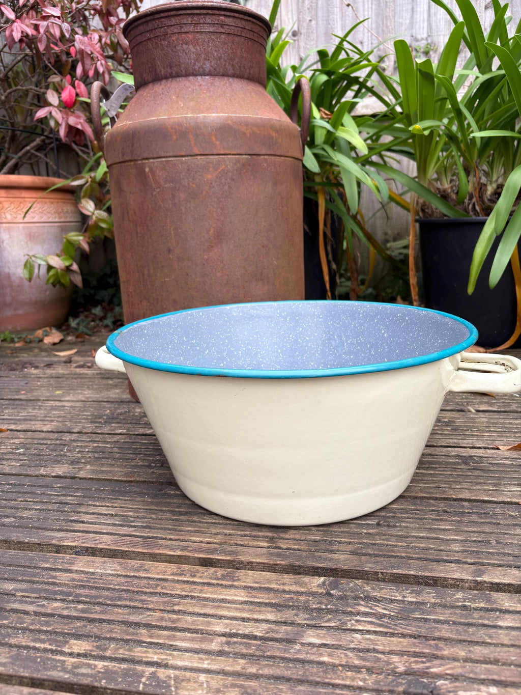 Large Two Handled Enamelware Bowl, Planter