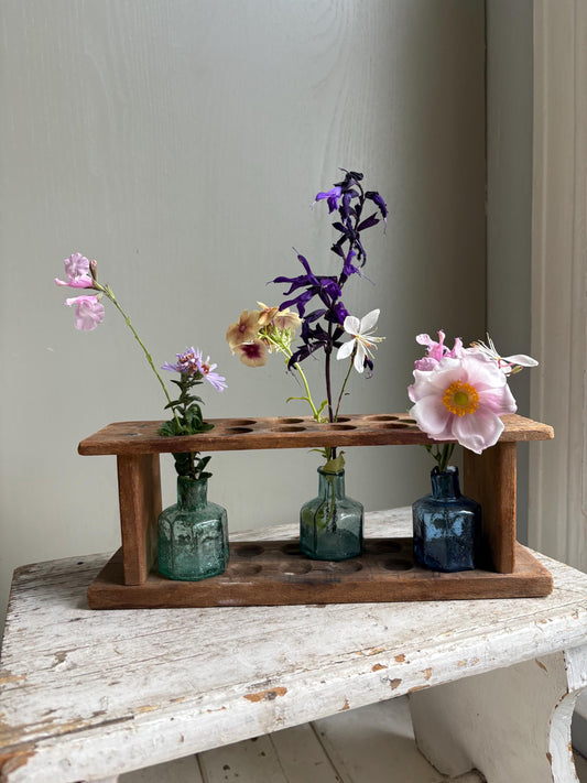 Vintage Wooden Test Tube Holder, Rustic Vase Display