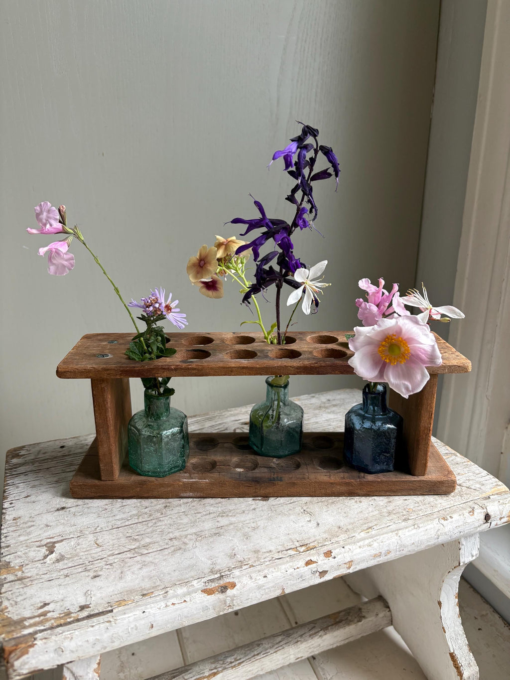 Vintage Wooden Test Tube Holder, Rustic Vase Display