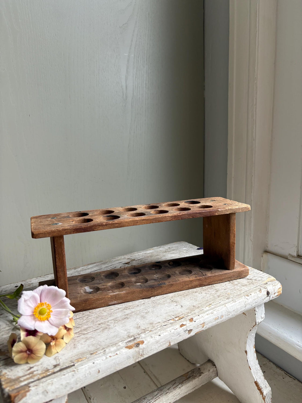 Vintage Wooden Test Tube Holder, Rustic Vase Display