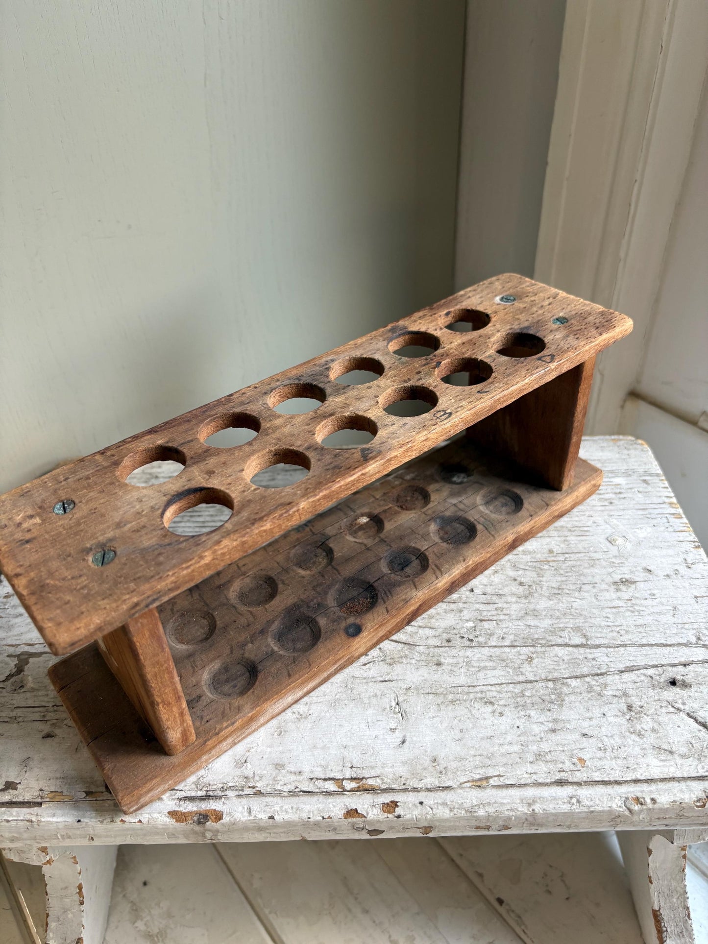 Vintage Wooden Test Tube Holder, Rustic Vase Display