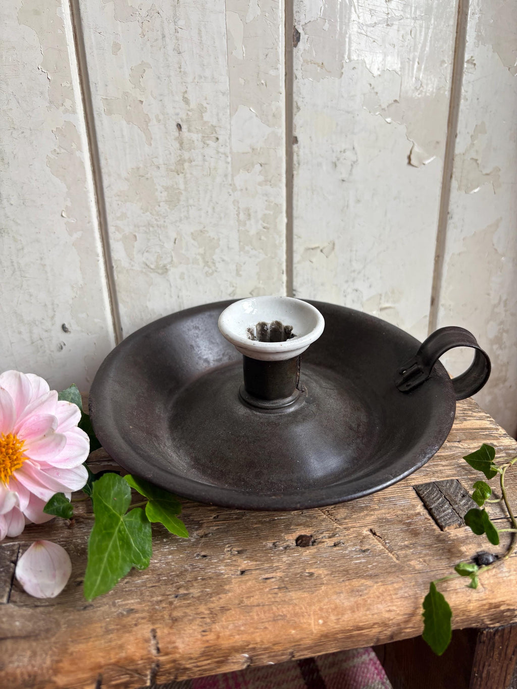 Vintage metal candle holder, Chamberstick holder.