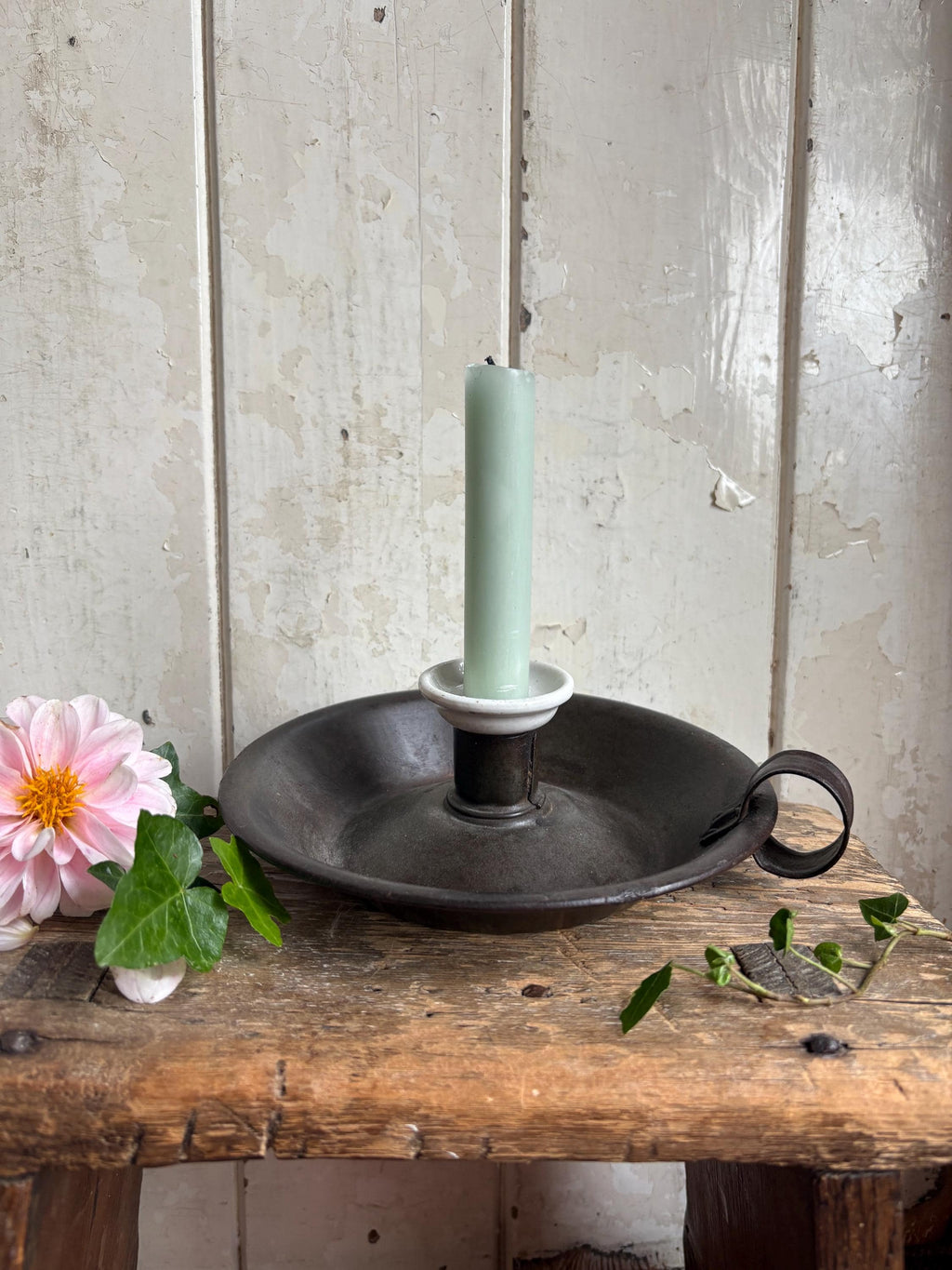 Vintage metal candle holder, Chamberstick holder.