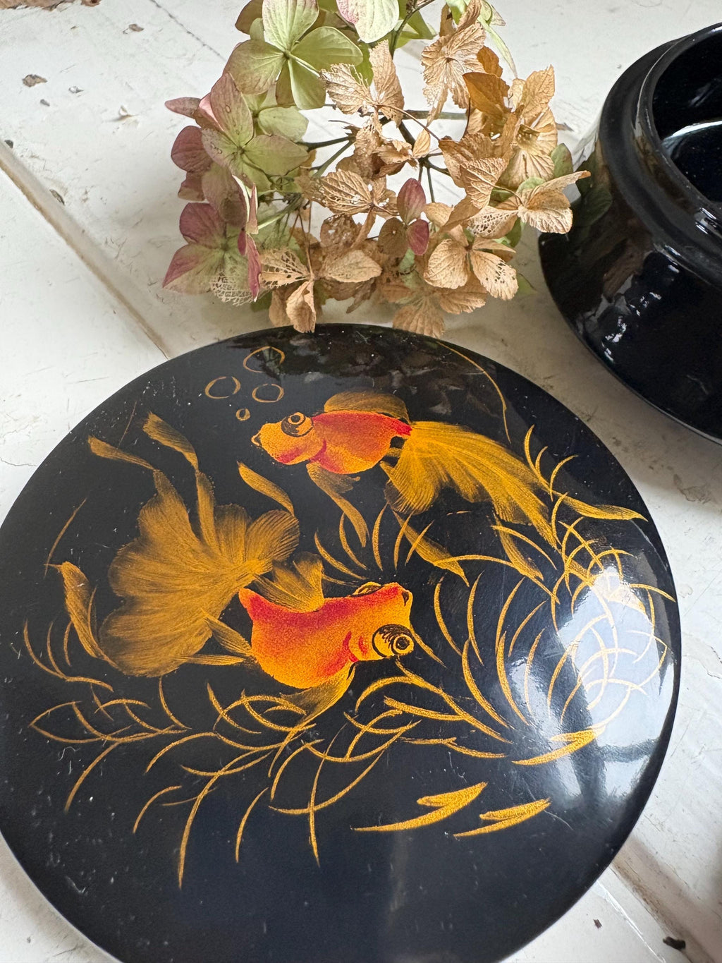 Vintage Black Lacquerware Trinket Boxes: Goldfish Design, Pair