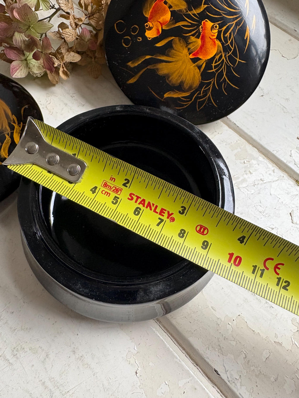 Vintage Black Lacquerware Trinket Boxes: Goldfish Design, Pair