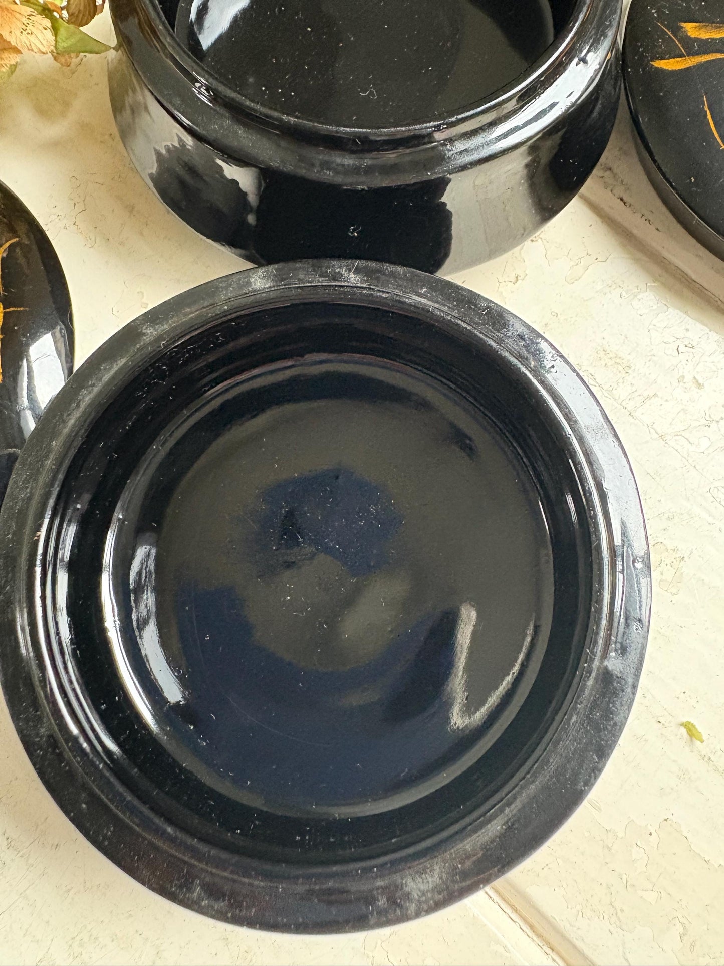 Vintage Black Lacquerware Trinket Boxes: Goldfish Design, Pair