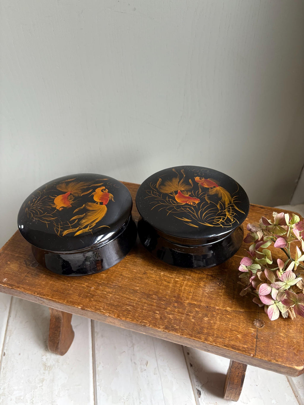 Vintage Black Lacquerware Trinket Boxes: Goldfish Design, Pair