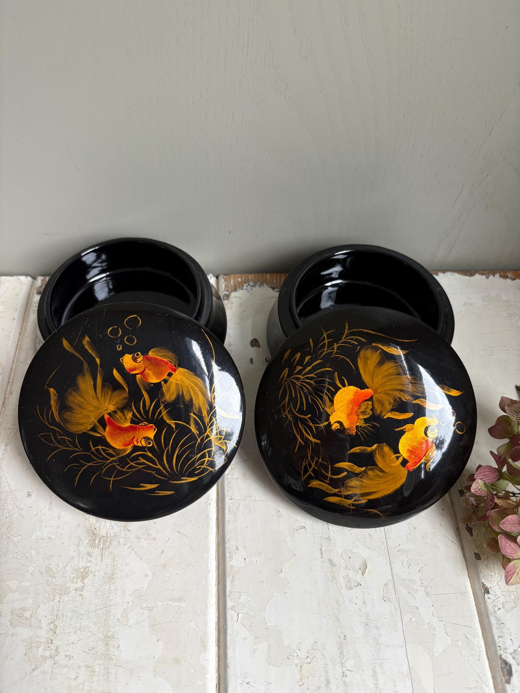Vintage Black Lacquerware Trinket Boxes: Goldfish Design, Pair