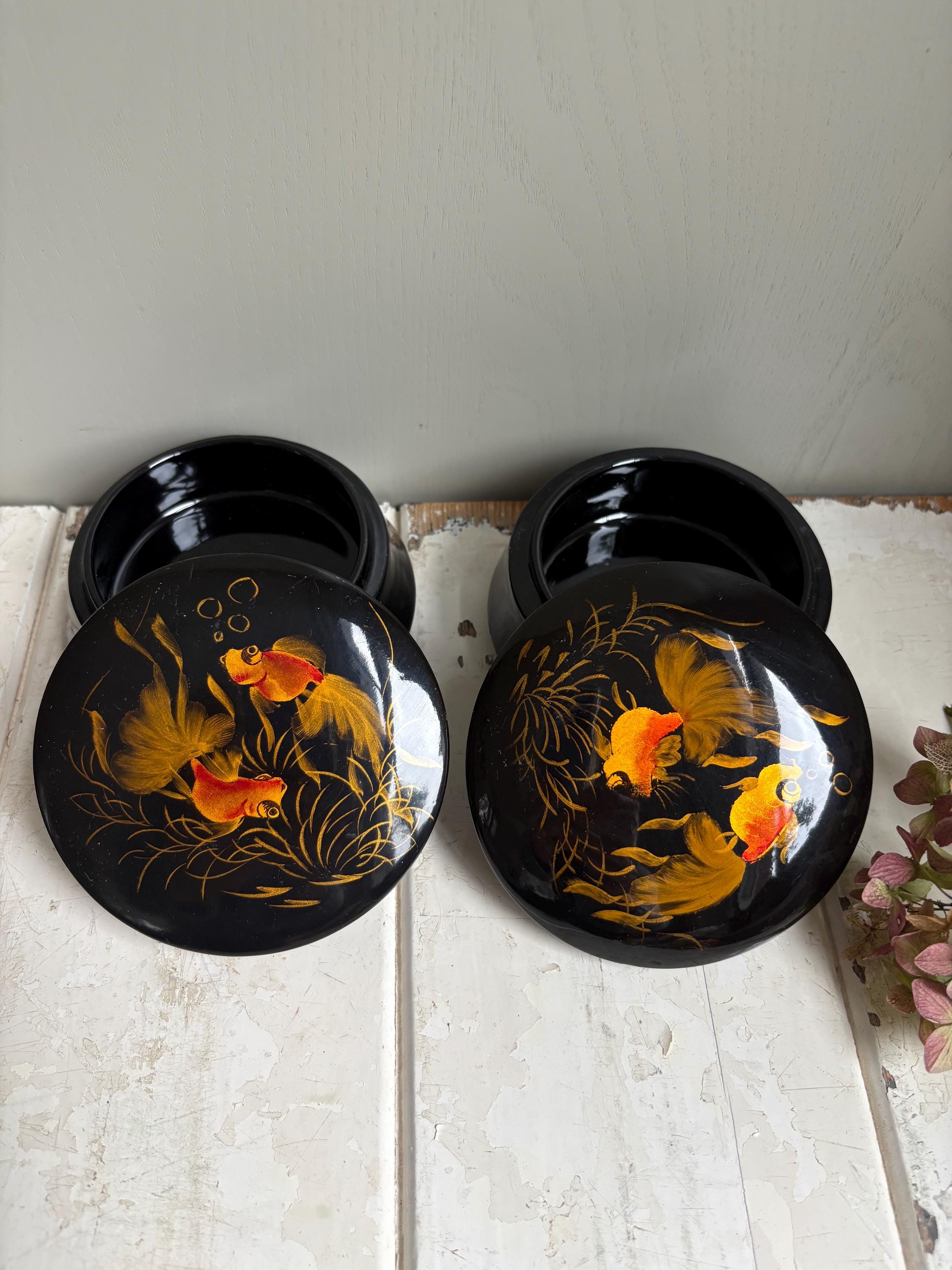 Vintage Black Lacquerware Trinket Boxes: Goldfish Design, Pair