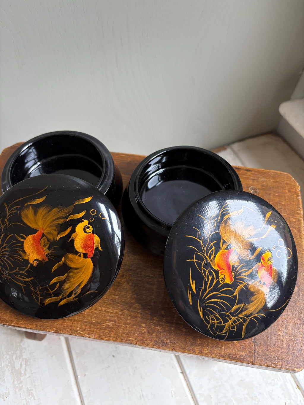 Vintage Black Lacquerware Trinket Boxes: Goldfish Design, Pair