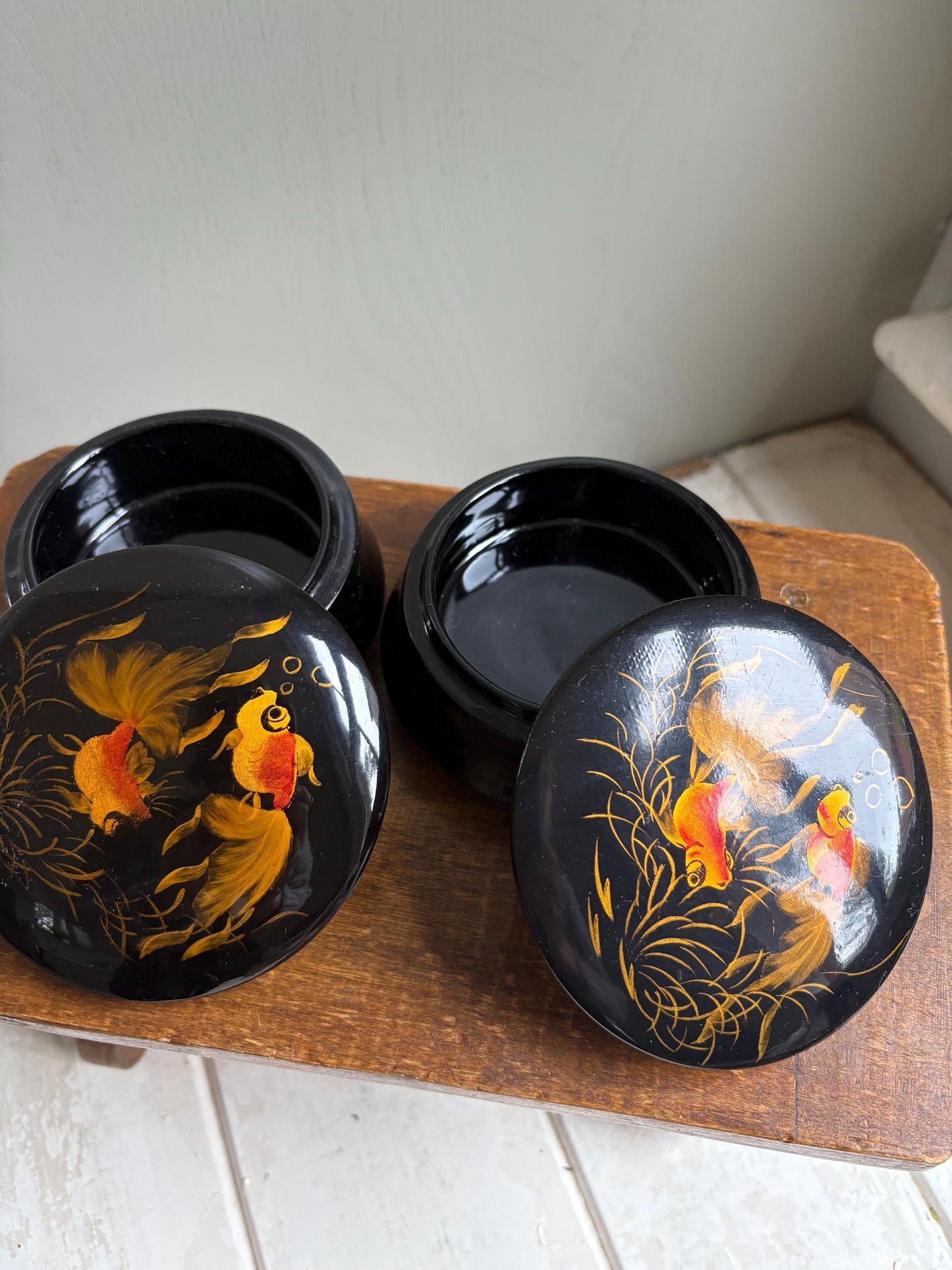 Vintage Black Lacquerware Trinket Boxes: Goldfish Design, Pair