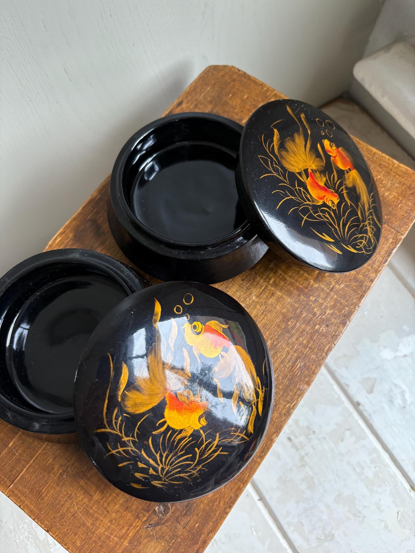Vintage Black Lacquerware Trinket Boxes: Goldfish Design, Pair