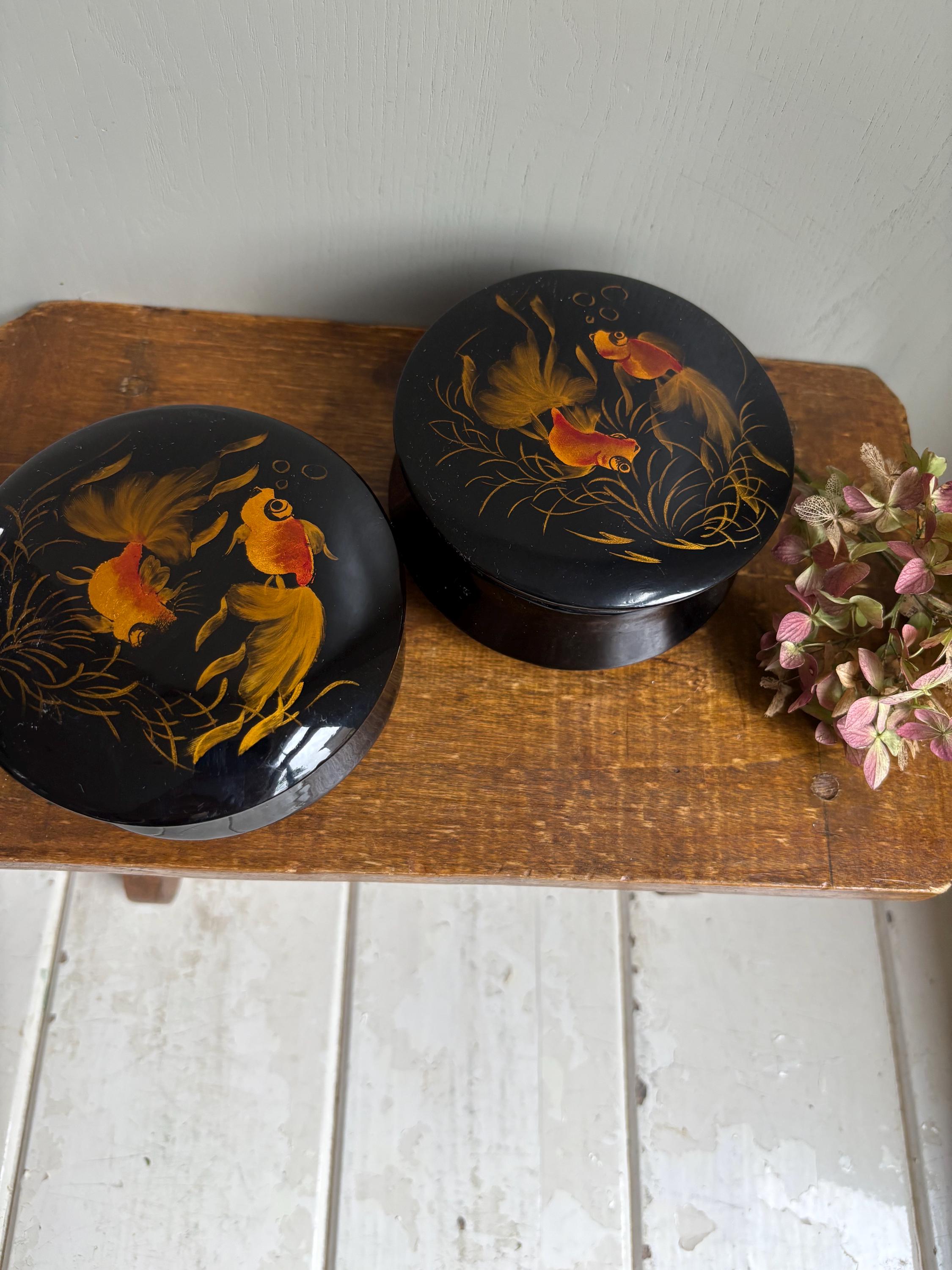 Vintage Black Lacquerware Trinket Boxes: Goldfish Design, Pair