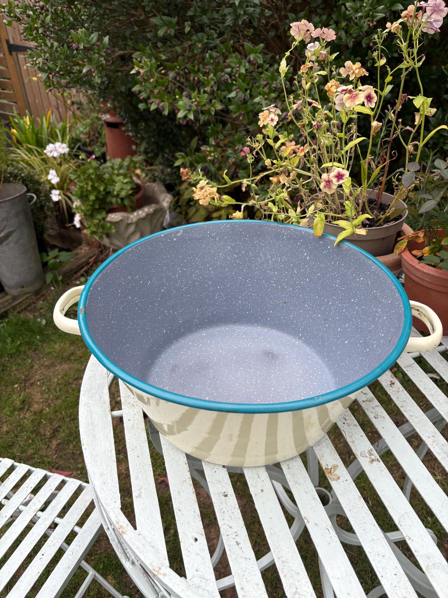 Large Two Handled Enamelware Bowl, Planter