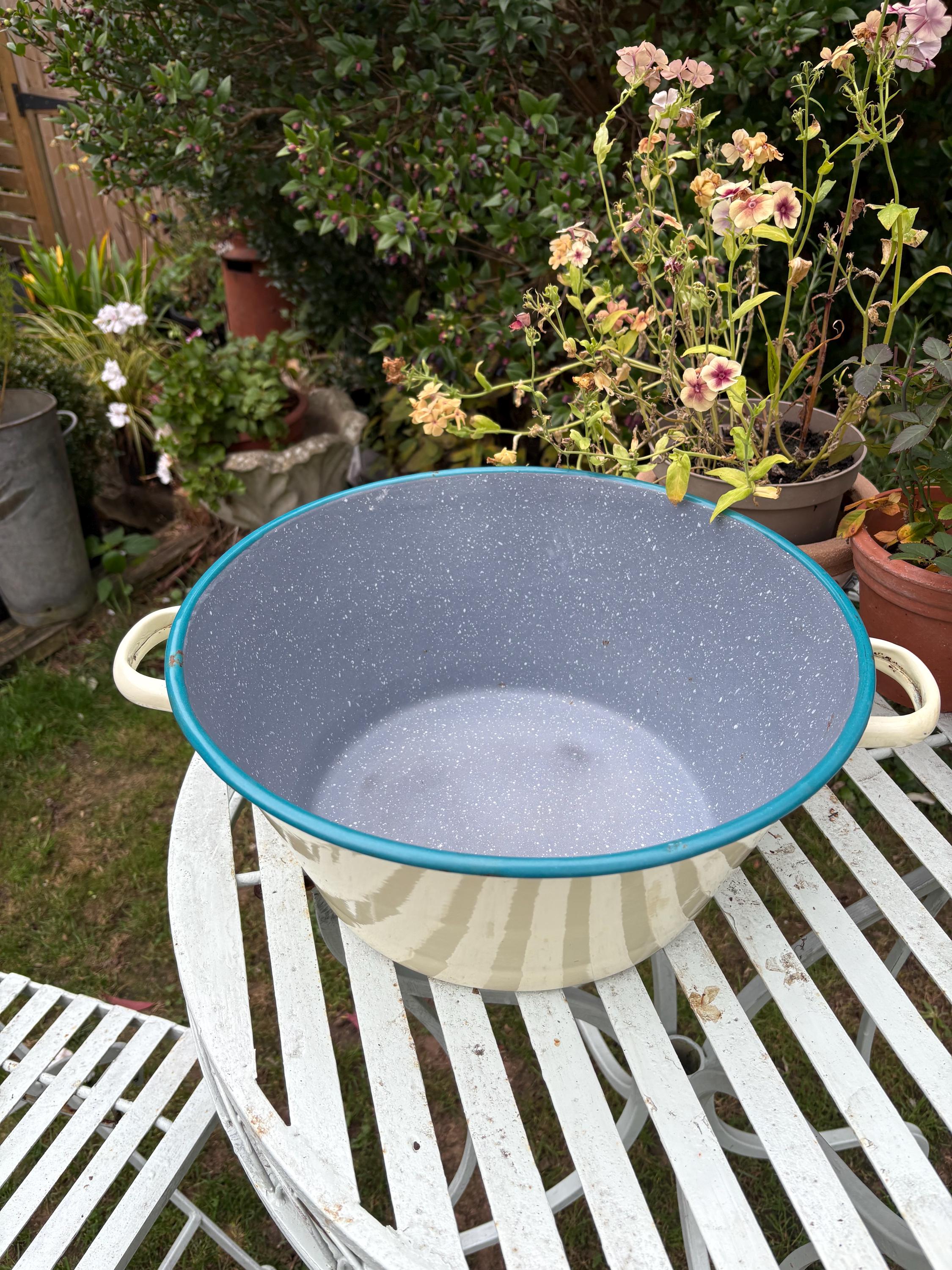 Large Two Handled Enamelware Bowl, Planter
