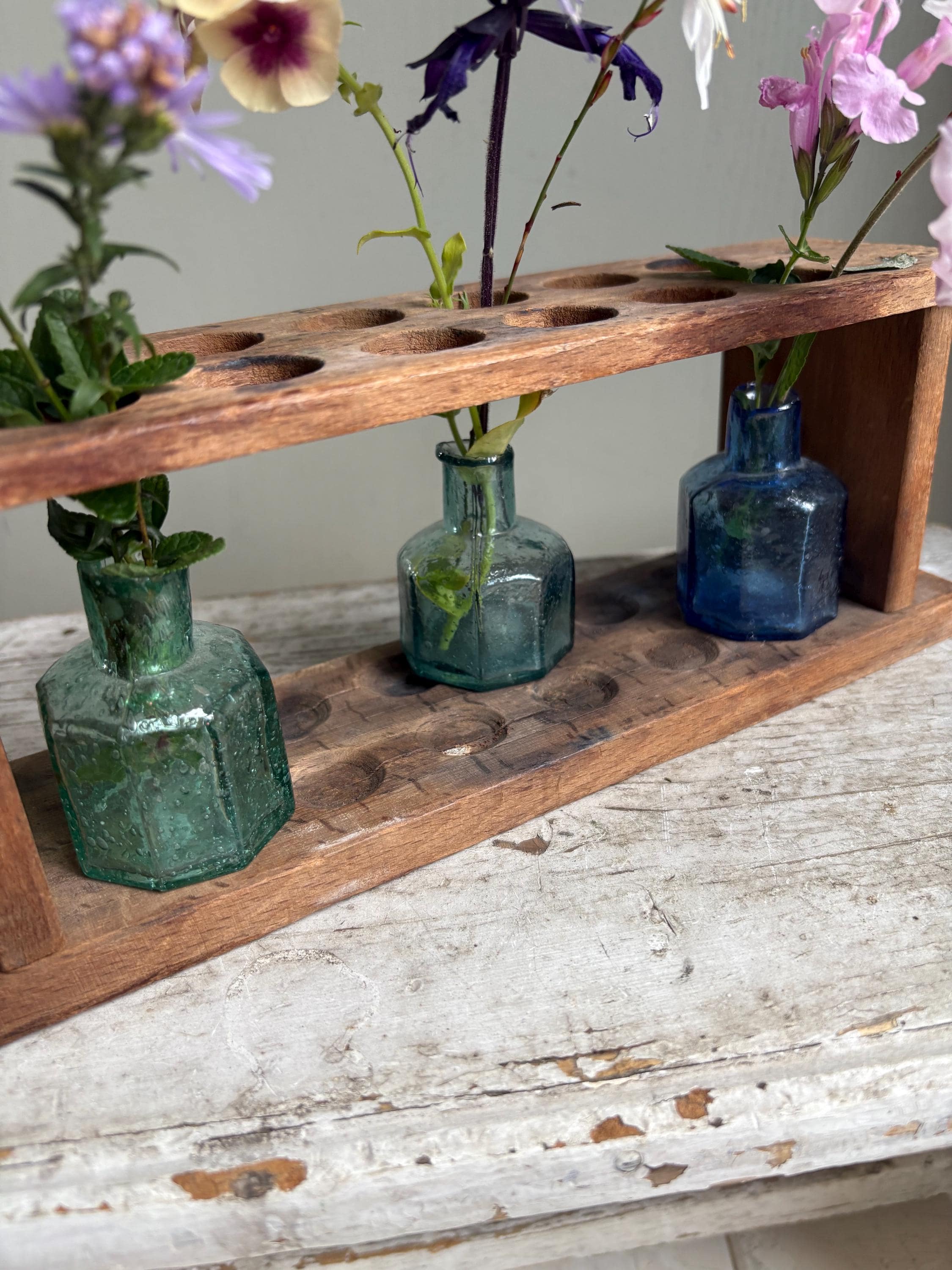 Vintage Wooden Test Tube Holder, Rustic Vase Display