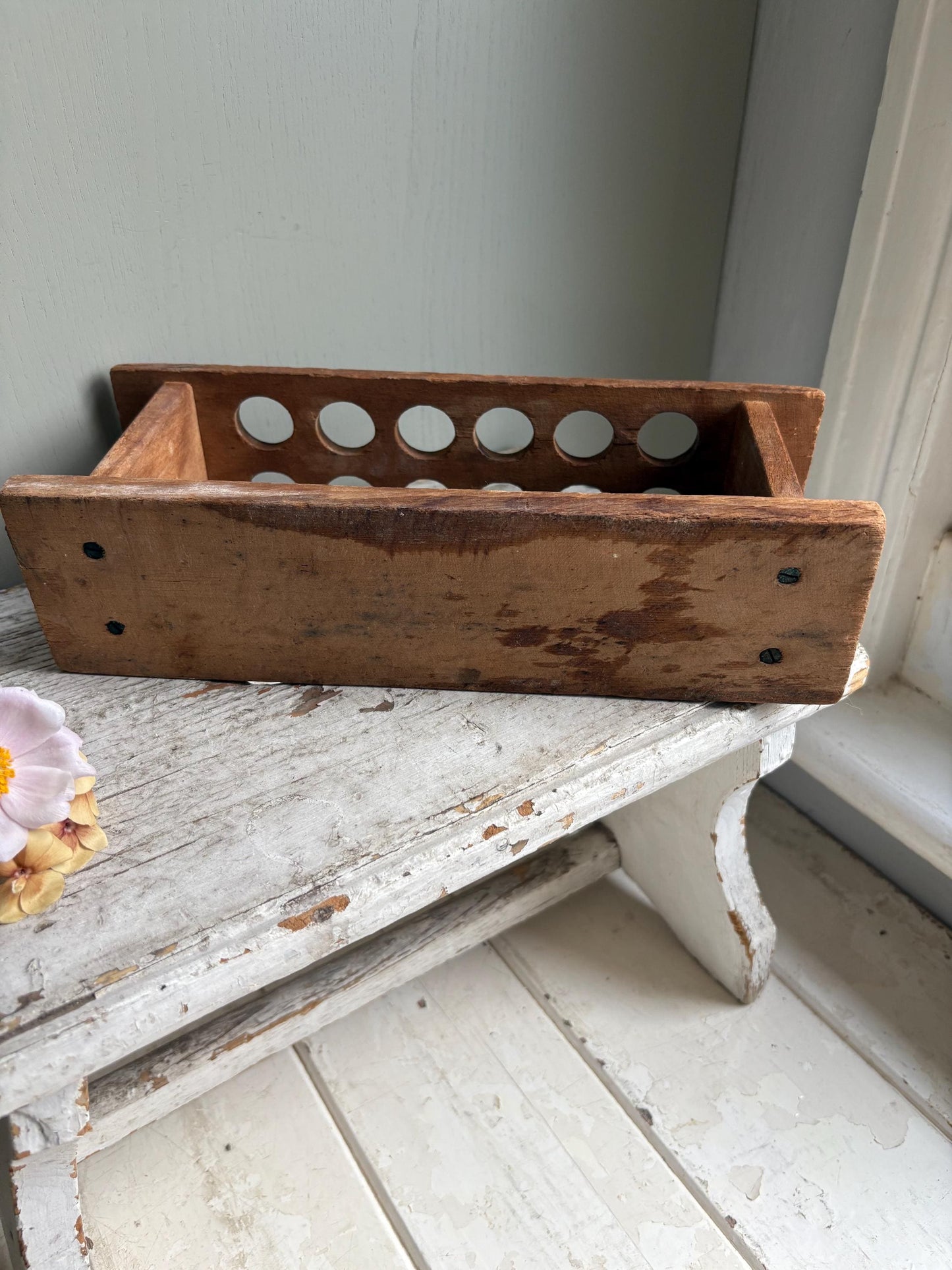 Vintage Wooden Test Tube Holder, Rustic Vase Display