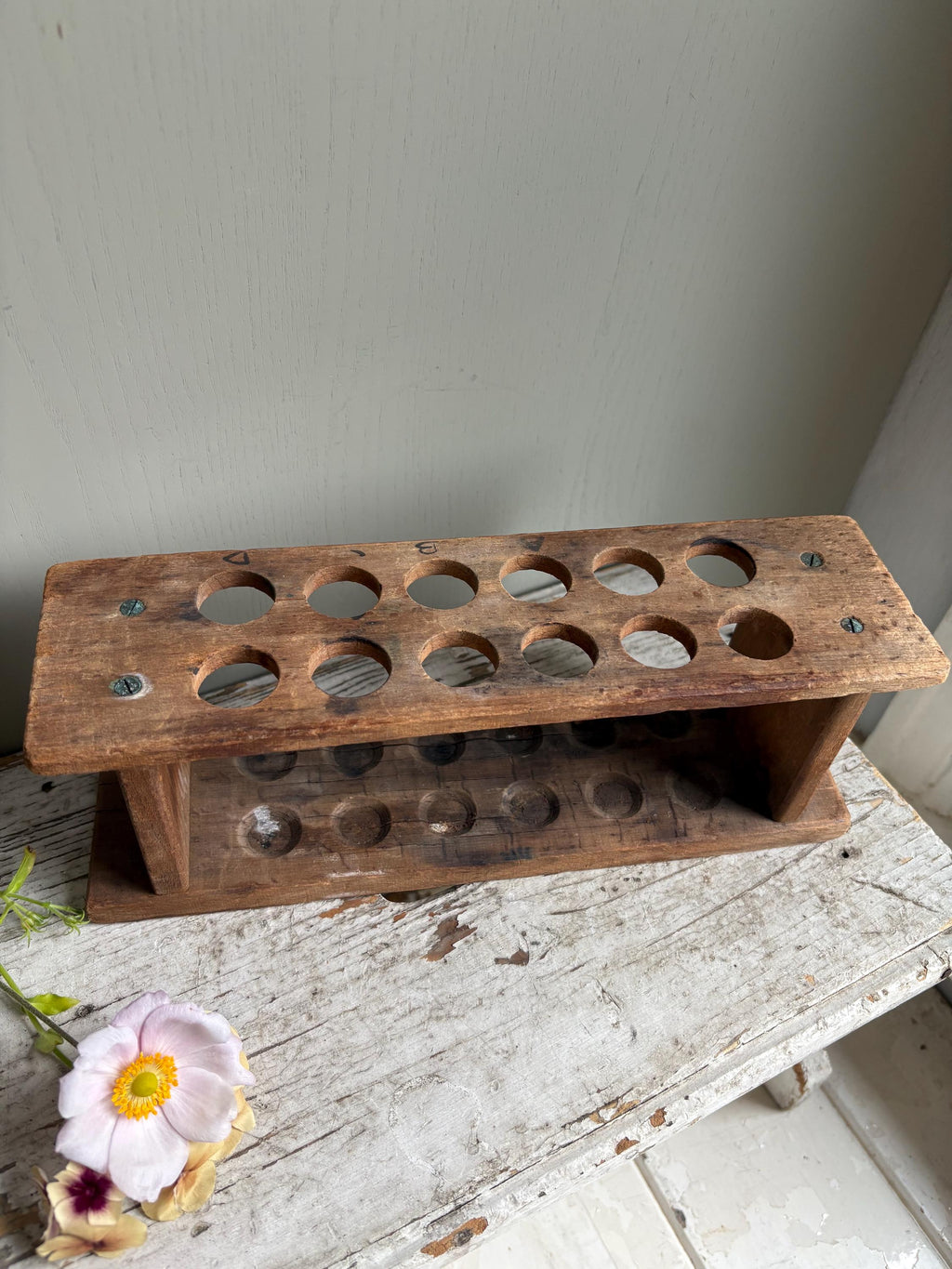 Vintage Wooden Test Tube Holder, Rustic Vase Display