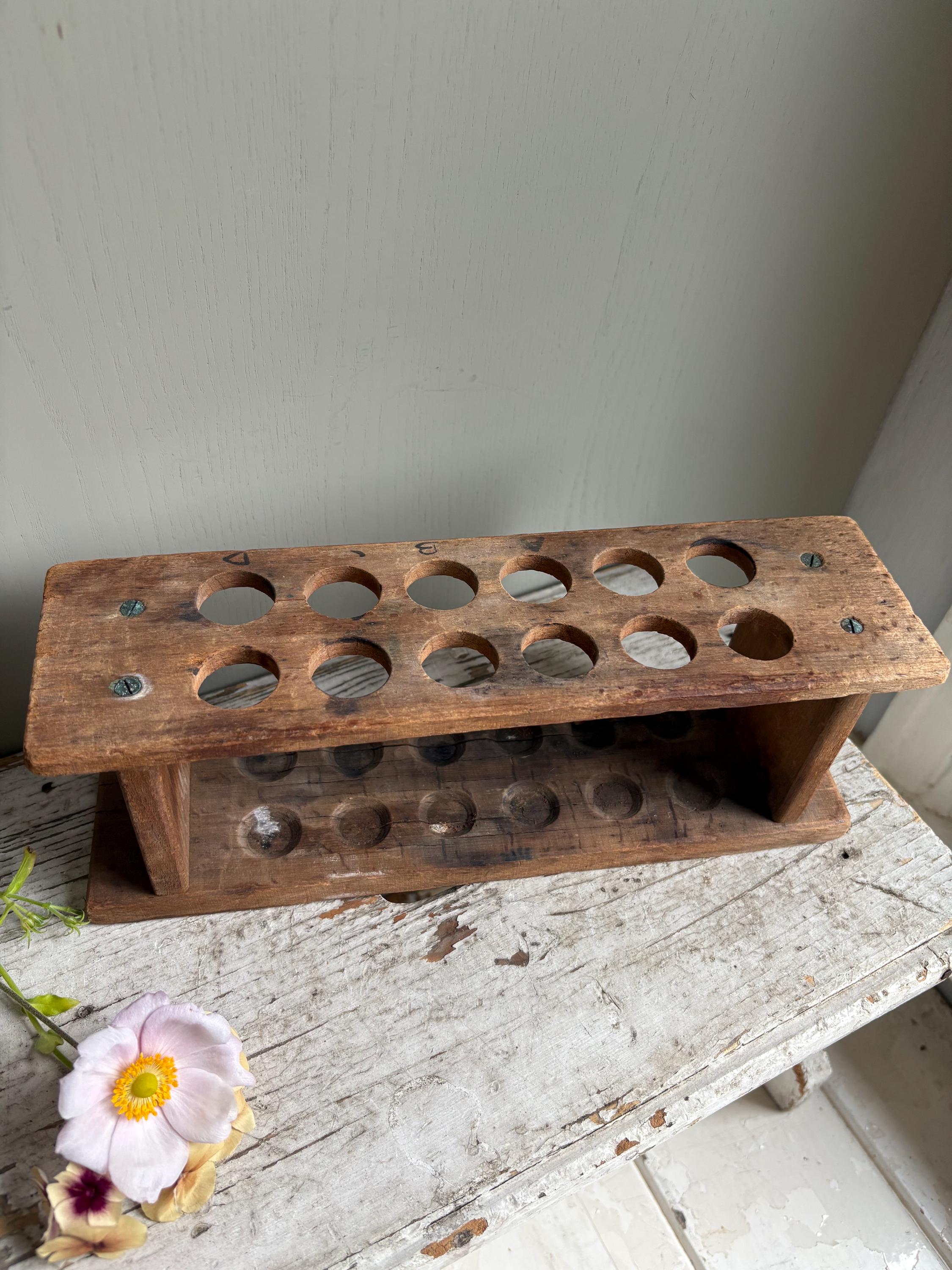 Vintage Wooden Test Tube Holder, Rustic Vase Display