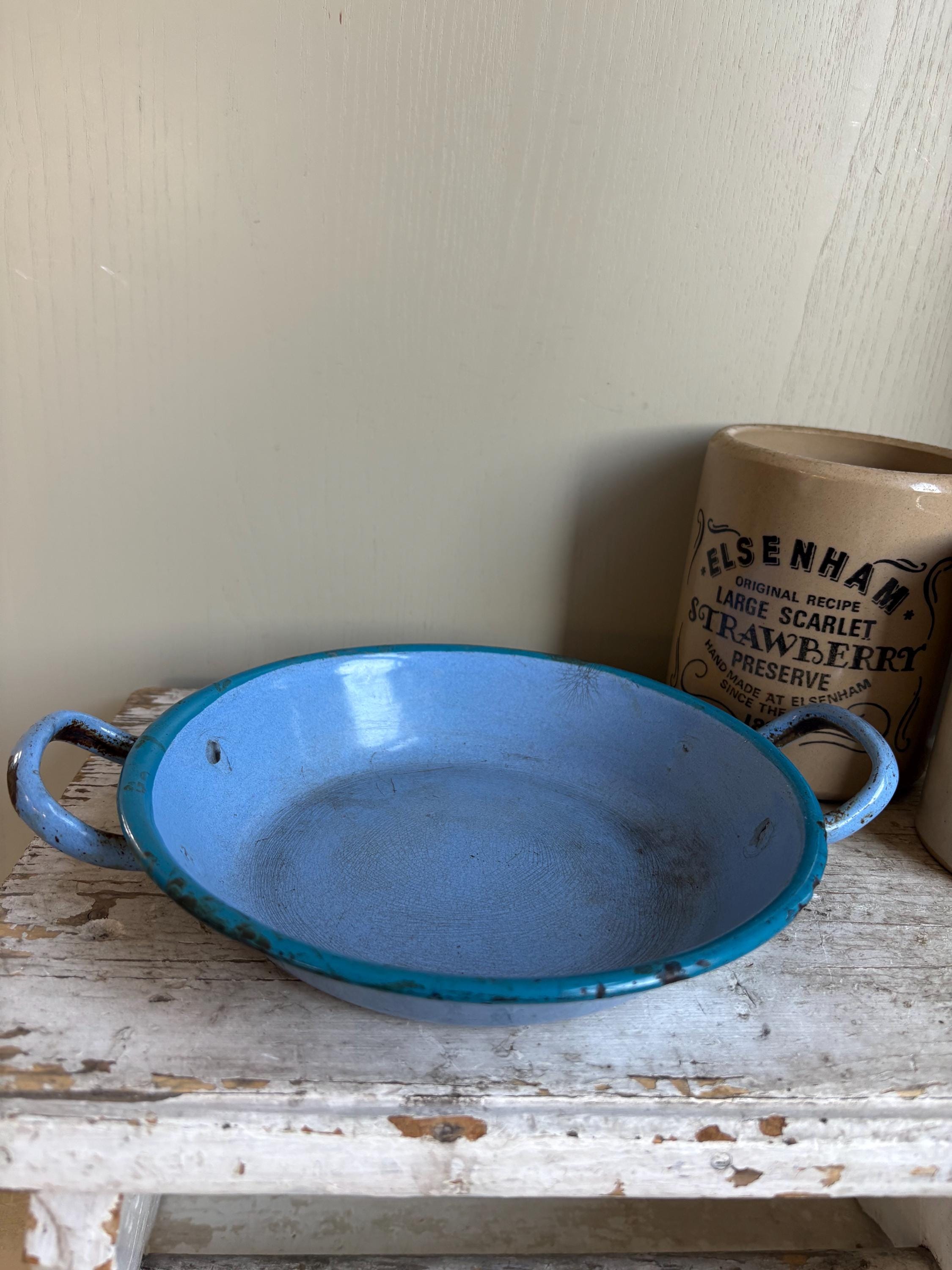 Blue enamelware vintage bowl, French kitchen ware,rustic kitchen decor.