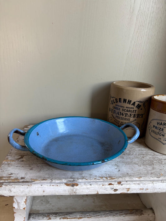 Blue enamelware vintage bowl, French kitchen ware,rustic kitchen decor.