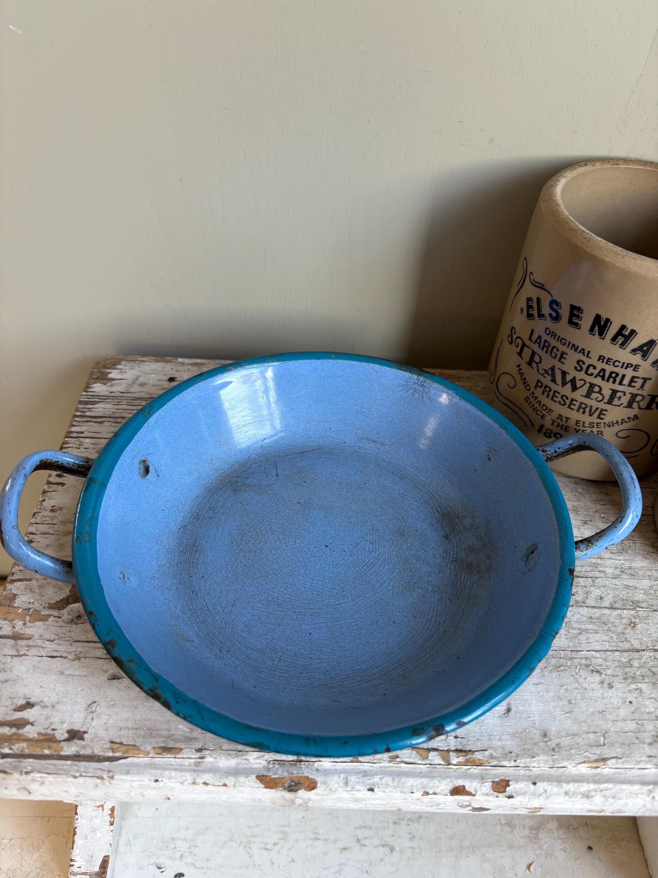 Blue enamelware vintage bowl, French kitchen ware,rustic kitchen decor.